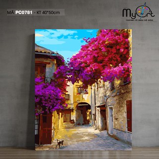 Tranh tô màu theo số PC0781 Tranh sơn dầu số hóa phong cảnh Châu Âu hoa giấy phố cổ