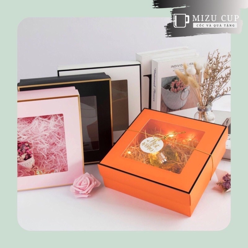 Combo hộp+túi kèm 50g rơm đựng quà cao cấp mặt kính kích thước 20.5*20.5*8cm [Quà tặng ý nghĩa]