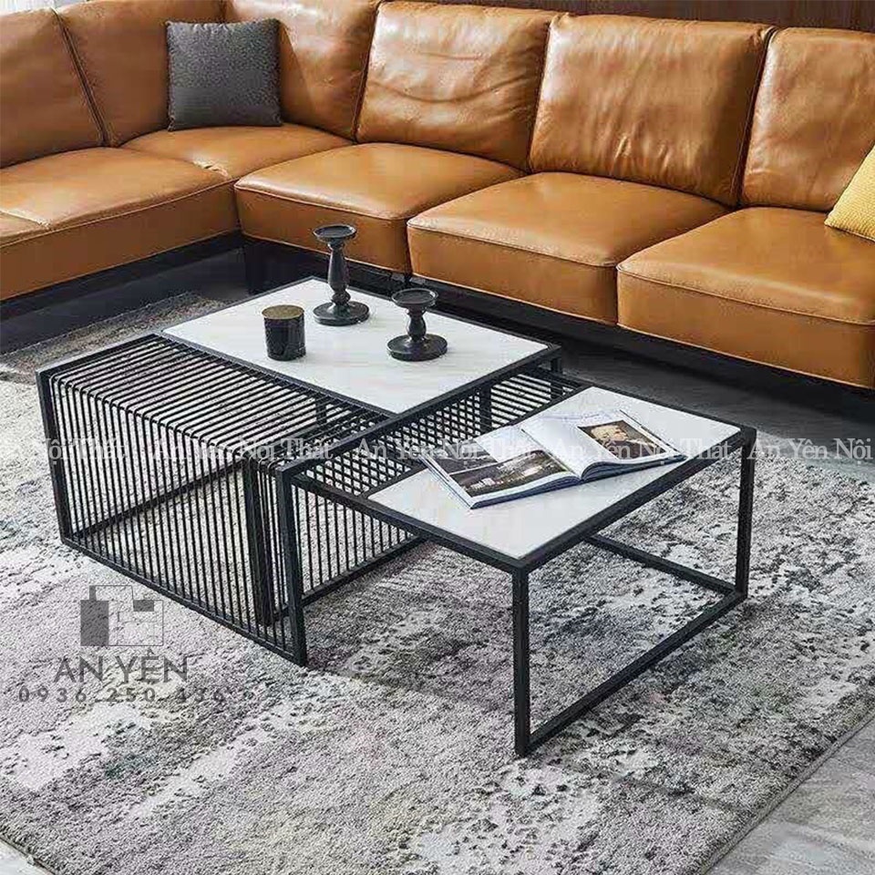 Bàn Trà Sofa Đôi Vuông Mặt Đá Kính Chân Sắt Đen An Yên AYB01