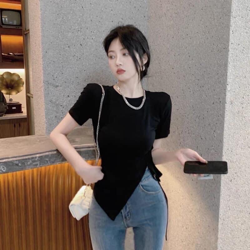 Áo thun body tay ngắn vạt bầu dây rút bên eo kèm hình thật