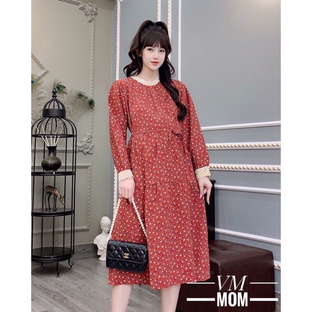 Váy bầu babydoll hoa nhí dài tay có dây rút eo thắt điều chỉnh