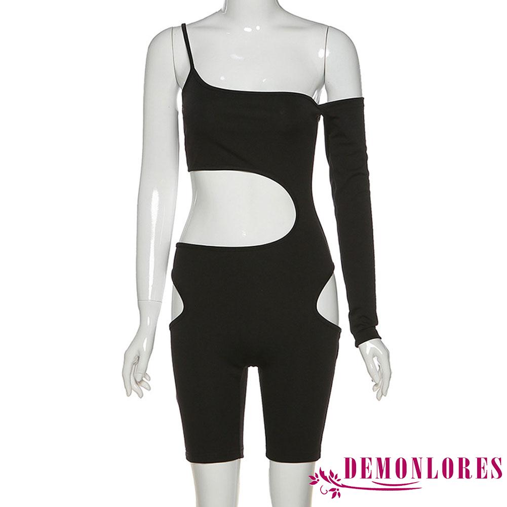 Jumpsuit dạng quần đùi màu trơn ôm dáng dài tay hở một vai phối khoét rỗng quyến rũ cho nữ