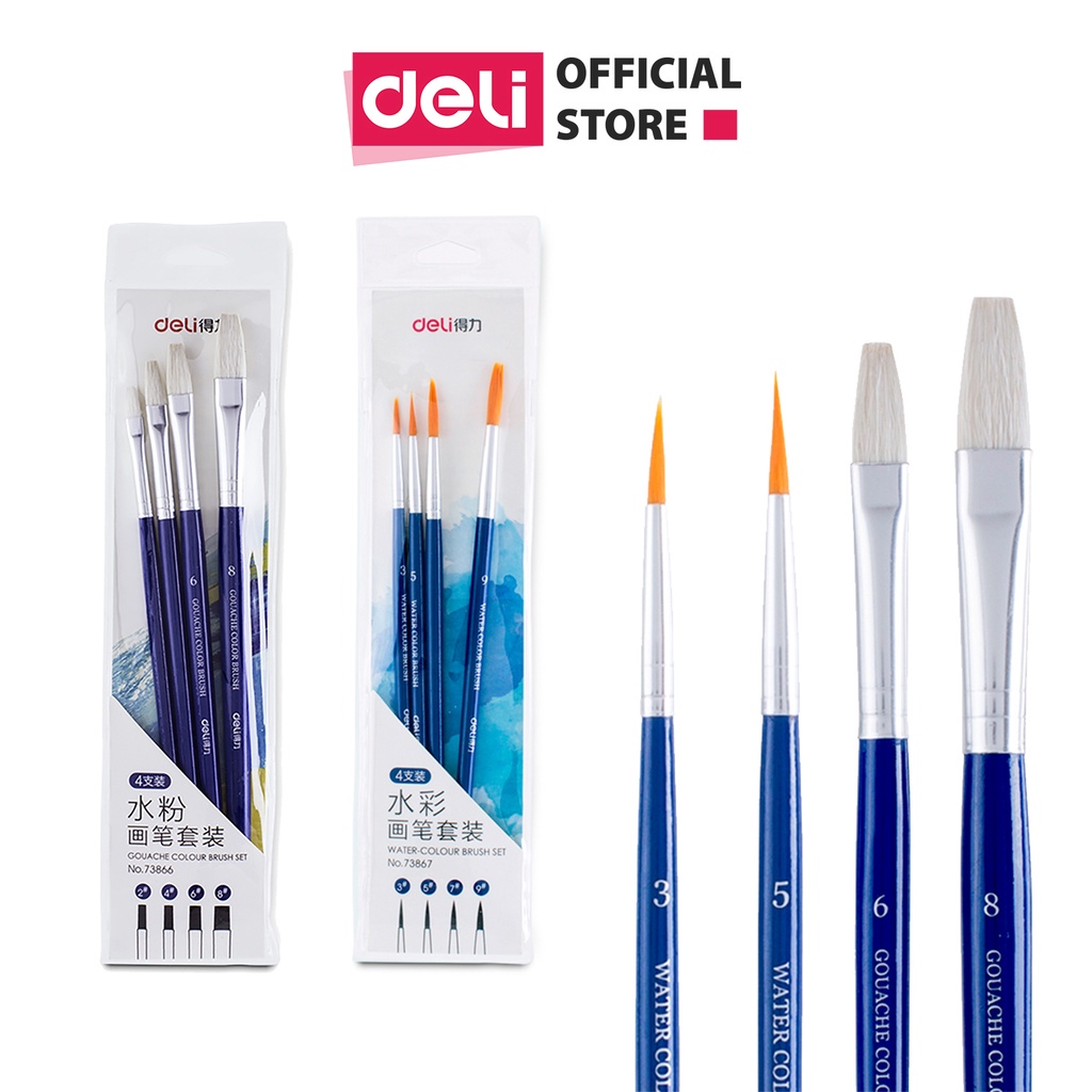 Bộ cọ vẽ chuyên nghiệp Deli - dùng cho màu nước/bột/sơn acrylic -Set 4/6 cây