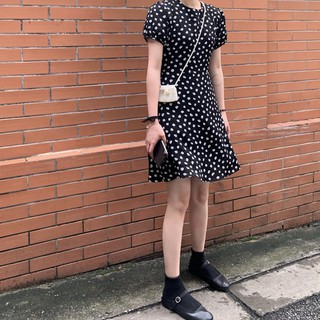 XJ-Đầm Voan Màu Đen Họa Tiết Hoa Cúc Nhỏ Xinh Xắn Thời Trang