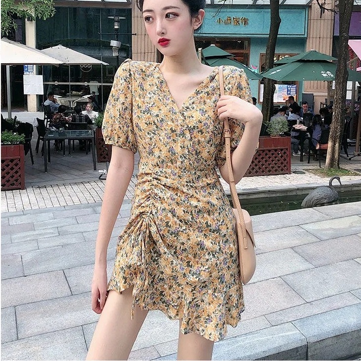 Đầm Cổ Chữ V Họa Tiết Hoa Ngọt Ngào Thời Trang Mùa Hè Theo Phong Cách Hàn Quốc Cho Nữ