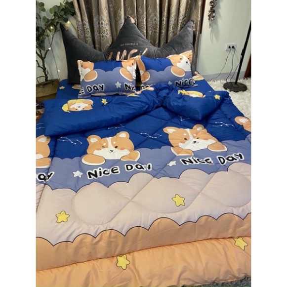 Trọn bộ 5 món ga gối chăn phao poly cotton có ruột bông dày chất lượng tốt