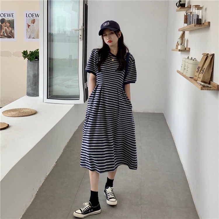 Đầm thun nữ kẻ sọc basic form rộng thời trang
