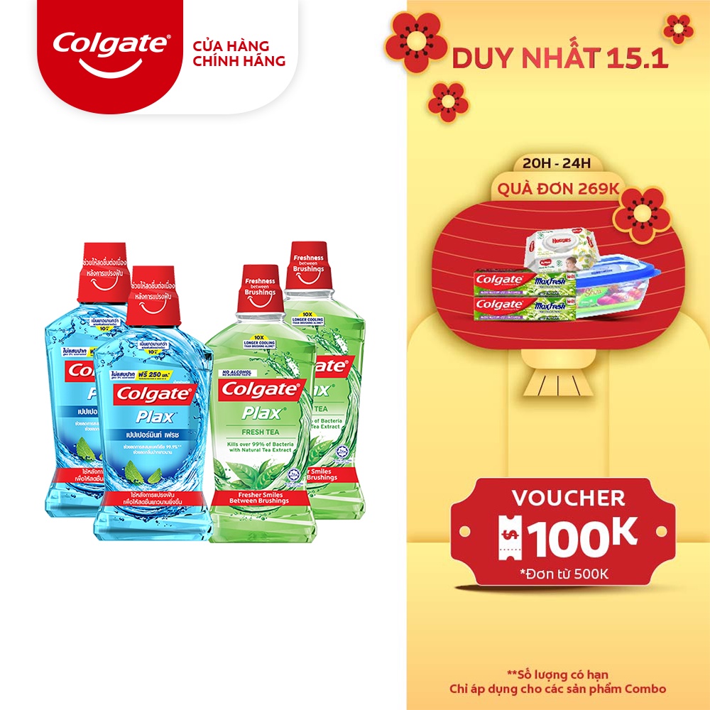 [Mã FMCGCO5 giảm 8% đơn 250K] Combo 4 Nước súc miệng Colgate diệt 99% vi khuẩn Plax trà xanh và Plax bạc hà 500ml/chai