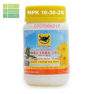 Phân bón Đầu Trâu 701 (NPK 10-30-20) kích ra hoa cho hoa kiểng (lan, hồng, mai, ...) và rau màu 100g