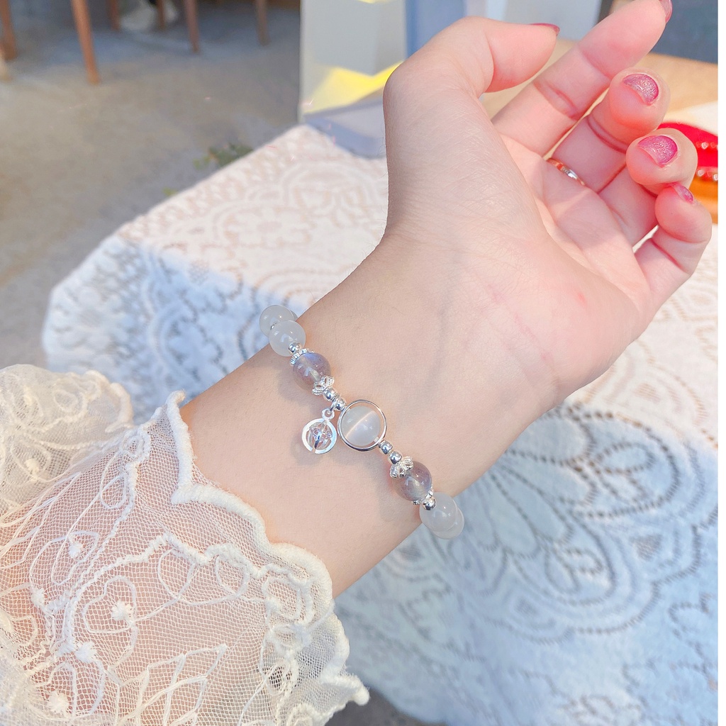 Vòng tay nữ lắc tay nữ bạc s925 đá moonstone mix đá mắt mèo trắng  Cá jewelry LTB167