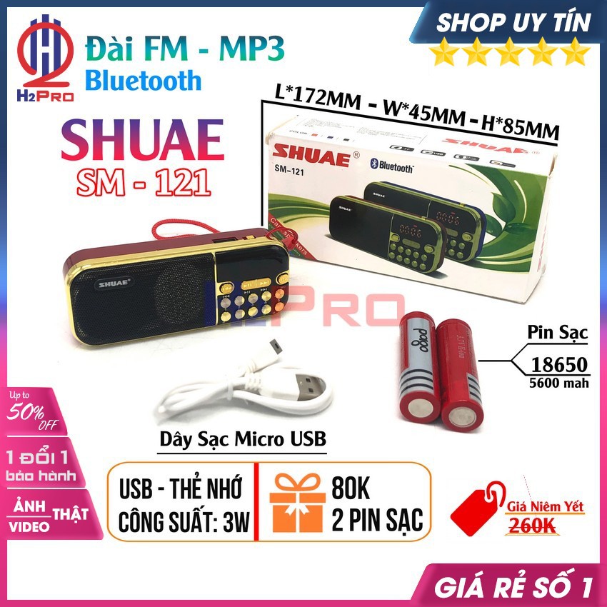 Loa Đài Thẻ Nhớ, Đài Radio Bluetooth Shuae SM-121 3W Cao Cấp, Loa Nhạc Mp3-Usb-TF-BT (Quà 80k-2 Pin Sạc)-H2Pro Tech