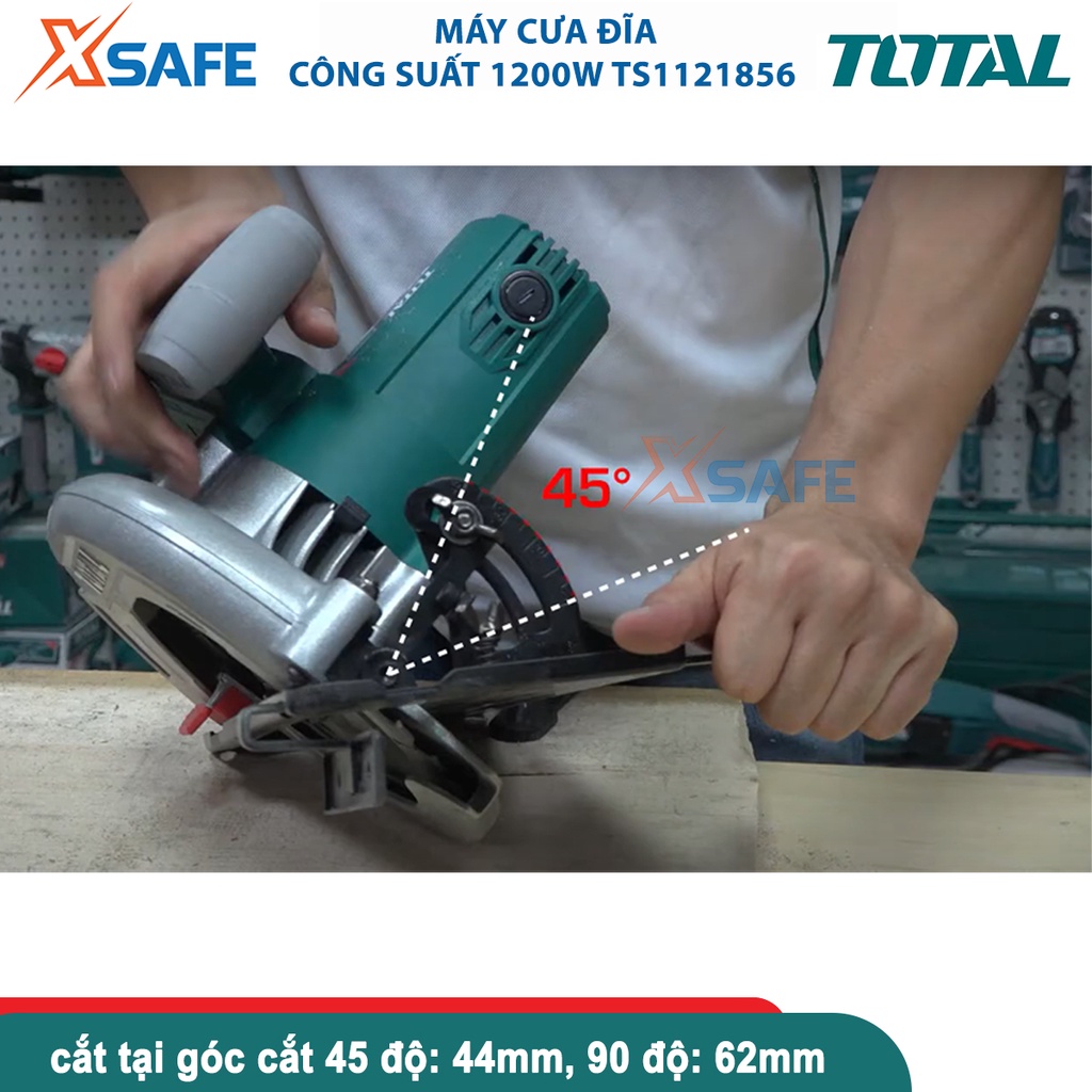 Máy cưa gỗ cầm tay TOTAL công suất 1200-2200W, đường kính lưỡi cưa 185mm, khả năng cắt góc cắt 45 độ và 90 độ - xsafe