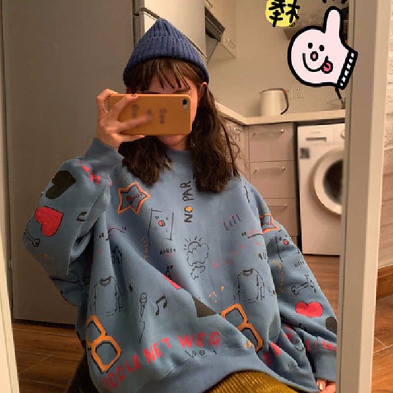 Áo Sweater Dáng Rộng In Họa Tiết Graffiti Kiểu Hàn Quốc Xinh Xắn Dành Cho Nữ