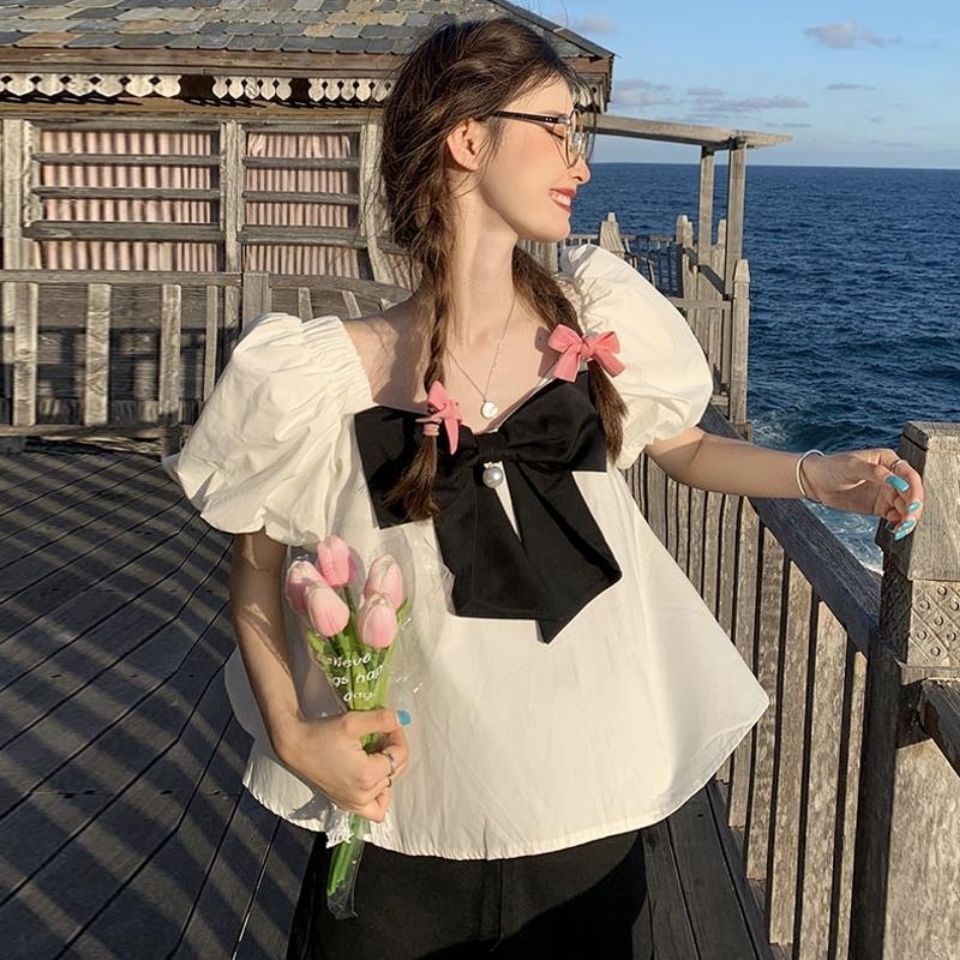 Áo Sơ Mi Ngắn Tay Đính Nơ Thời Trang Dành Cho Nữ