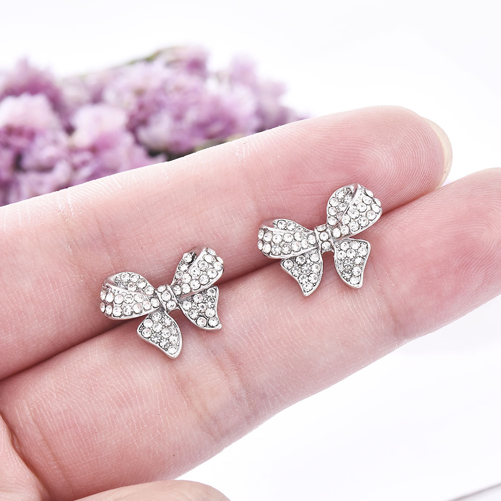 Hoa Tai Xi Bạc Phối Nơ Đính Đá Lấp Lánh Cho Nữ