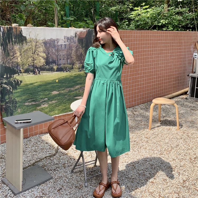 Yunyun Clothing Home ~ Summer 2021 New Korean Design Sense Neckline Buckle Lace Up Waist Short Sleeve Dress[delivery Within 15 Days ]