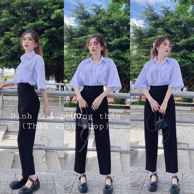 Quần baggy khuy giữa màu đen 01, quần baggy màu đen kiểu dáng học sinh công sở cho nữ