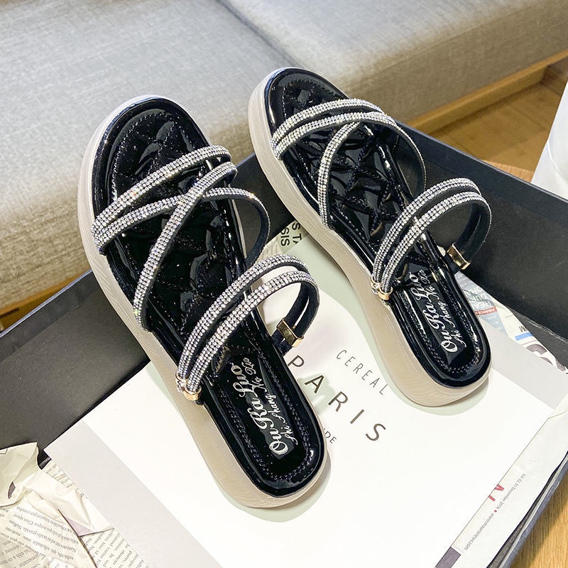 Giày Sandal Đế Bằng Mềm Đính Đá Phong Cách Roman Thời Trang Mùa Hè Cho Nữ