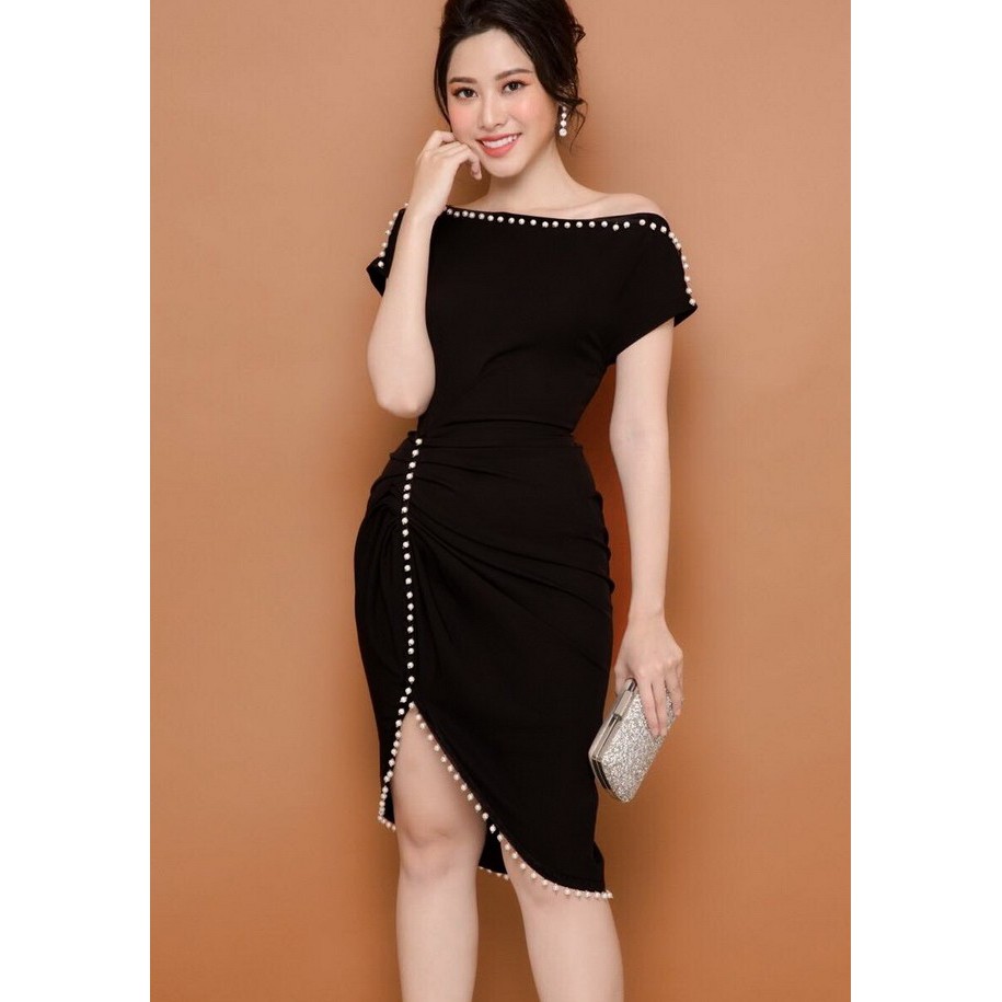 Váy ôm lệch vai đính hạt dún eo 2295 (kèm hình thật - CÓ BIG SIZE)