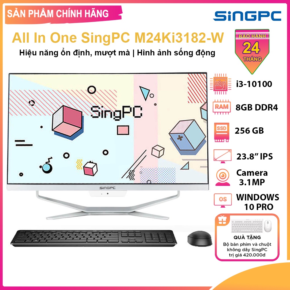 Máy tính All In One SingPC M24Ki3182-W ( Intel® Core™ i3-10100, 8GB, SSD 256GB, 23.8" Full HD, LAN, WiFi, Loa, Webcam)