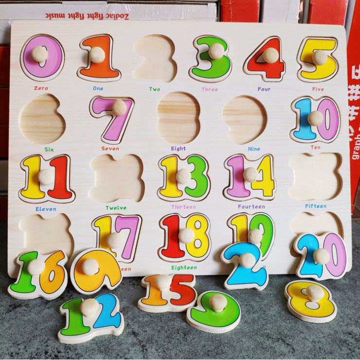 Bảng ghép hình bằng gỗ bảng số đếm 0-20 cho bé yêu, Bảng số núm gỗ siêu bền