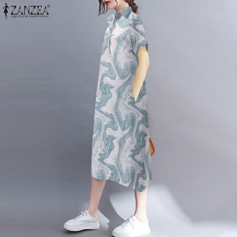 Đầm dài Zanzea tay ngắn cổ bẻ dáng rộng in họa tiết phong cách đáng yêu cho nữ