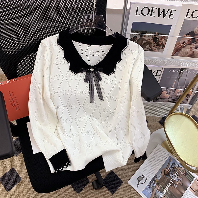 Áo Sweater Dệt Kim Tay Dài Cổ Búp Bê Màu Sắc Tương Phản Thời Trang Mùa