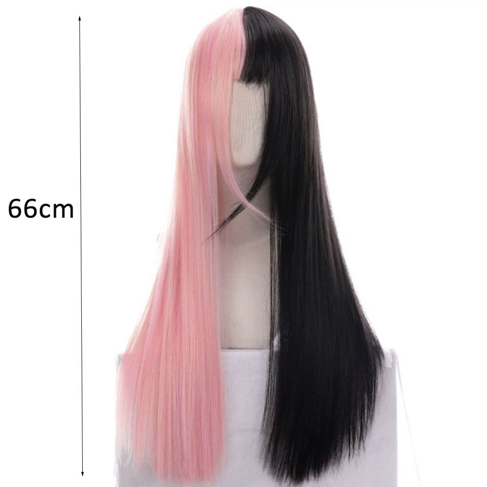 ☆YOLA☆ Long Thick Black&pink Wig Hair Extension Lolita Double Color Toupee Women Female Synthetic Bangs Harajuku Goth Style Hair Cosplay Long Straight Hair