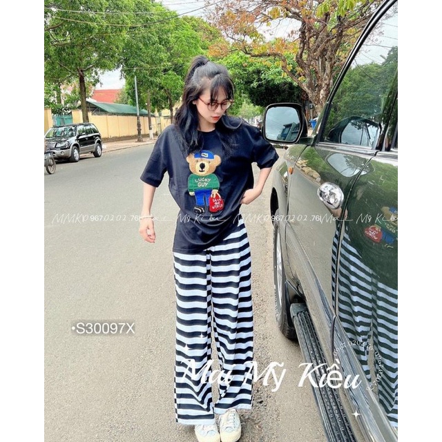 Set Bộ Dài Nữ Họa Tiết Mặc Nhà Dạo Phố ,Set Áo Thun Gấu Form Rộng Quần Dài Sọc Ống Suồn Thun Co Dãn Mịn Mát
