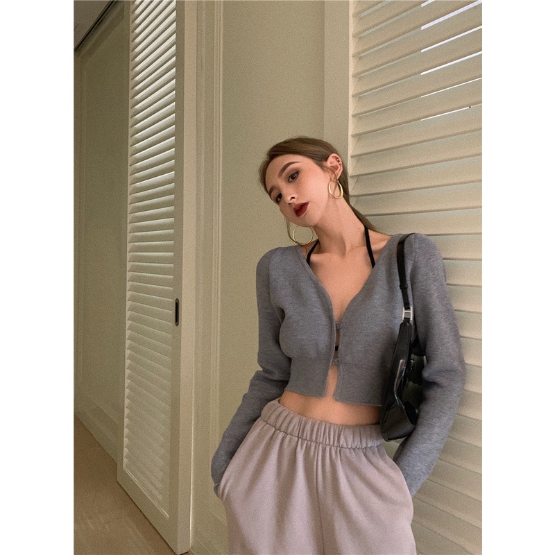 Porozi  Áo  vải dệt kim tay dài cổ chữ V dáng ôm phong cách Hàn Quốc dành cho nữ