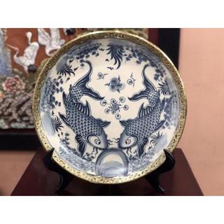 Đĩa trưng bày gốm giả cổ men rạn bọc đồng - gốm Bát Tràng - nhiều họa tiết - kích thước