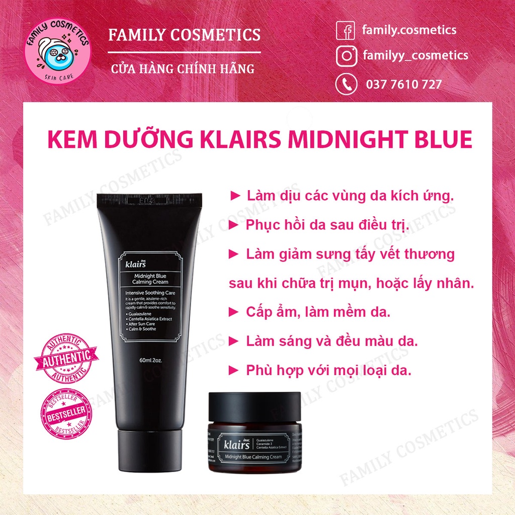 Kem Dưỡng Đêm Phục Hồi Da Klairs Midnight Blue Calming Cream 30ml/60ml - Family Cosmetics