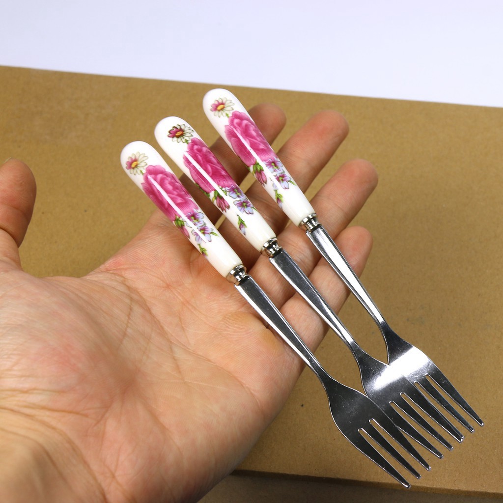 HOT [ Flash Sale ] Bộ 5 nĩa inox dĩa cán sứ họa tiết đẹp