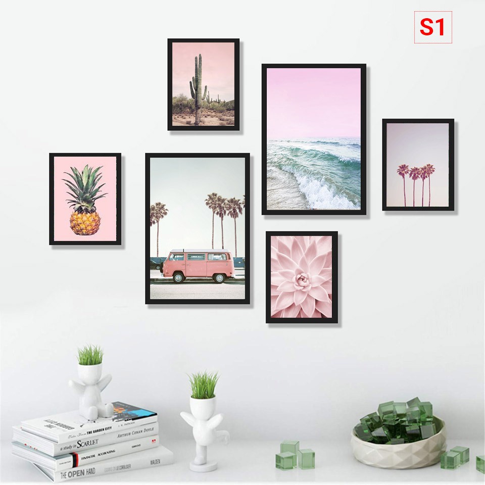 Set bộ 6 tranh canvas trang trí hiện đại khung gỗ, tặng kèm đinh, không cần khoan tường