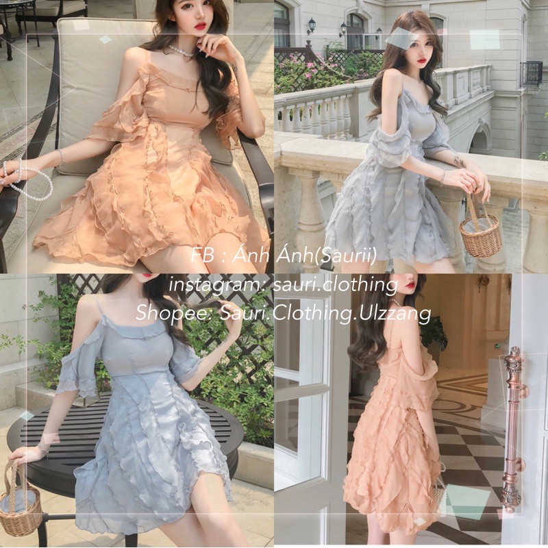 ORDER🖤Đầm Xoè gợn sóng bồng bềnh tiểu thư dạo phố xinh xắn-Đầm ulzzang trễ vai công chúa vintage retro quyến rũ