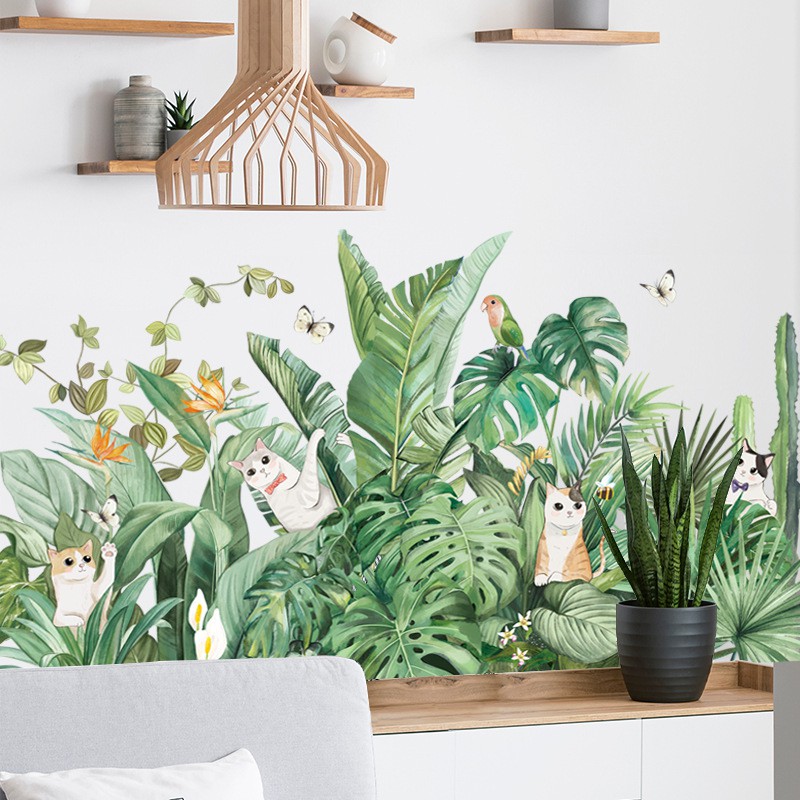 Decal dán tường bụi cây nhiệt đới bắc âu và mèo trang trí