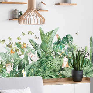 Decal dán tường bụi cây nhiệt đới bắc âu và mèo trang trí