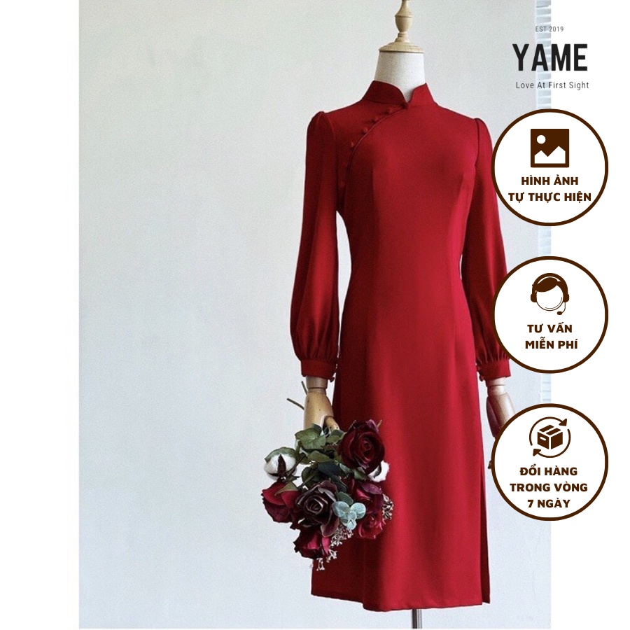 Áo dài đỏ truyền thống đính cúc áo dài tết áo dài đám cưới YAME 199