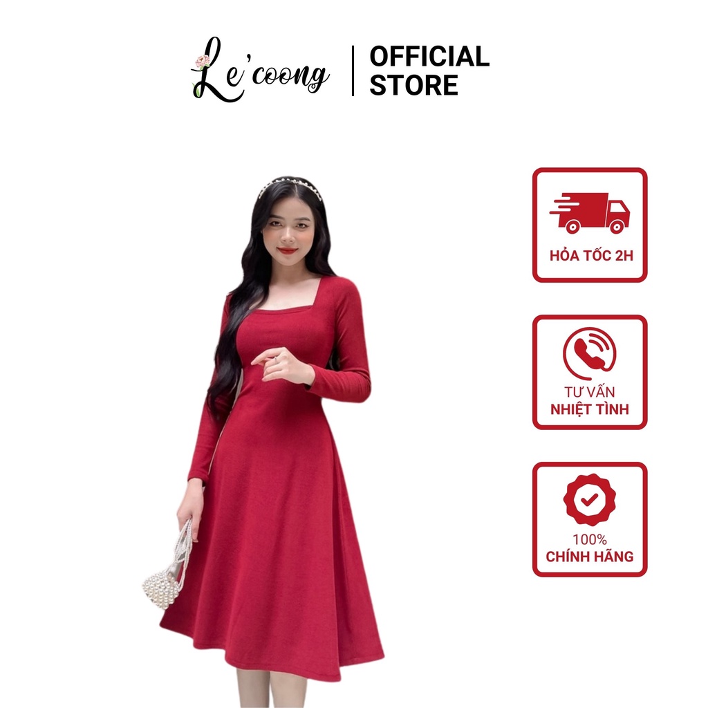 Váy Len Tăm Dáng Dài LECOONG V141 Xòe Qua Gối Tôn Eo Dài Tay Che Khuyết Điểm