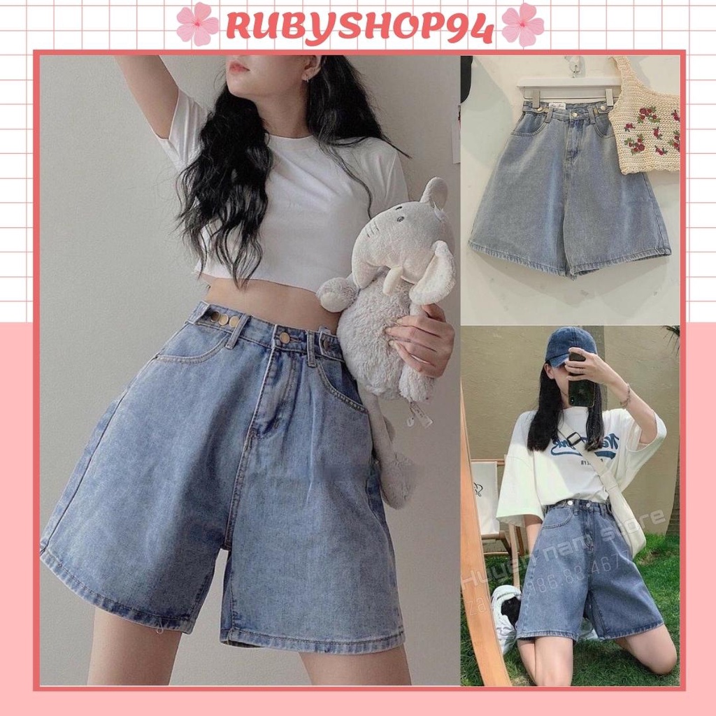Quần đùi bò ống rộng xắn gấu 5 cúc, Quần sooc jeans nữ mặc nhà đi chơi siêu đẹp