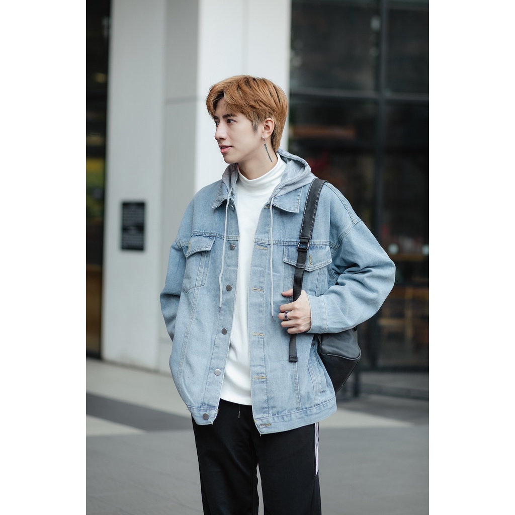 Áo Khoác Jean Trơn Denim Jacket Nam MANDO Có Mũ Jean Cao Cấp 2 Màu Form Rộng Basic Unisex Thời Trang Hàn Quốc KJN006