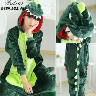 Bộ Đồ thú Khủng Long xanh liền thân lông mịn Pijama dành Cho Người Lớn và Trẻ Em kiểu dáng Động Vật Hoạt Hình Cosplay