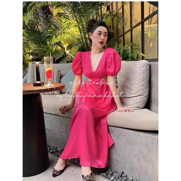 /order taobao/ Đầm Maxi Cổ V Khoét Eo Vải Lụa Nhũ