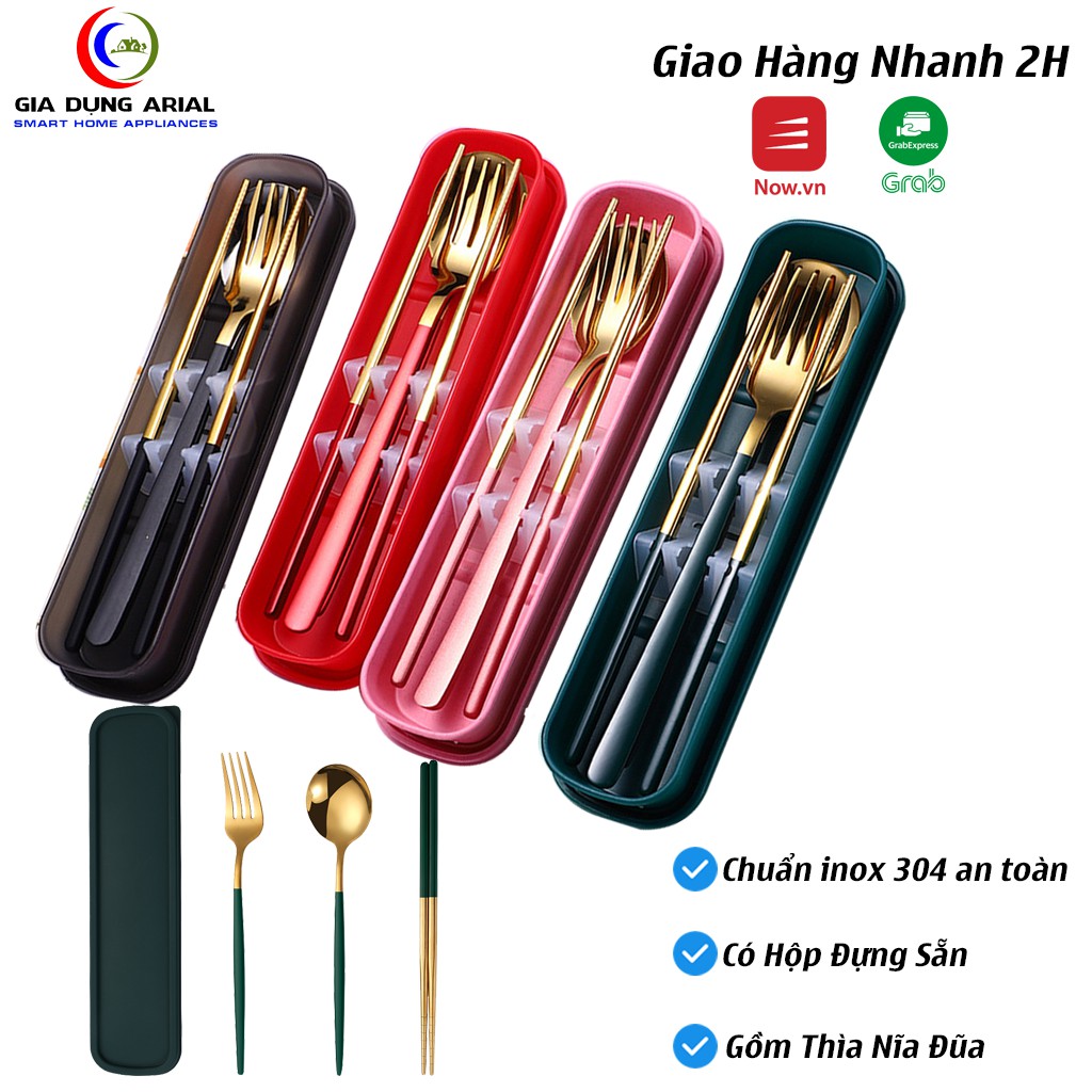 Bộ Đũa Muỗng Nĩa Inox Cá Nhân Mạ Vàng Cao Cấp DT03 Đũa Inox Kèm Hộp Đựng An Toàn Cho Sức Khoẻ Cho Dân Văn Phòng, Du Lịch