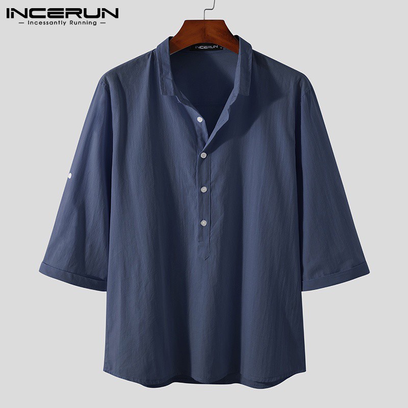 Áo Sơ Mi INCERUN Dành Cho Nam Thiết Kế Cổ Bẻ Tay 3/4 Bằng Vải Cotton Đơn Giản Dành Cho Mùa Hè