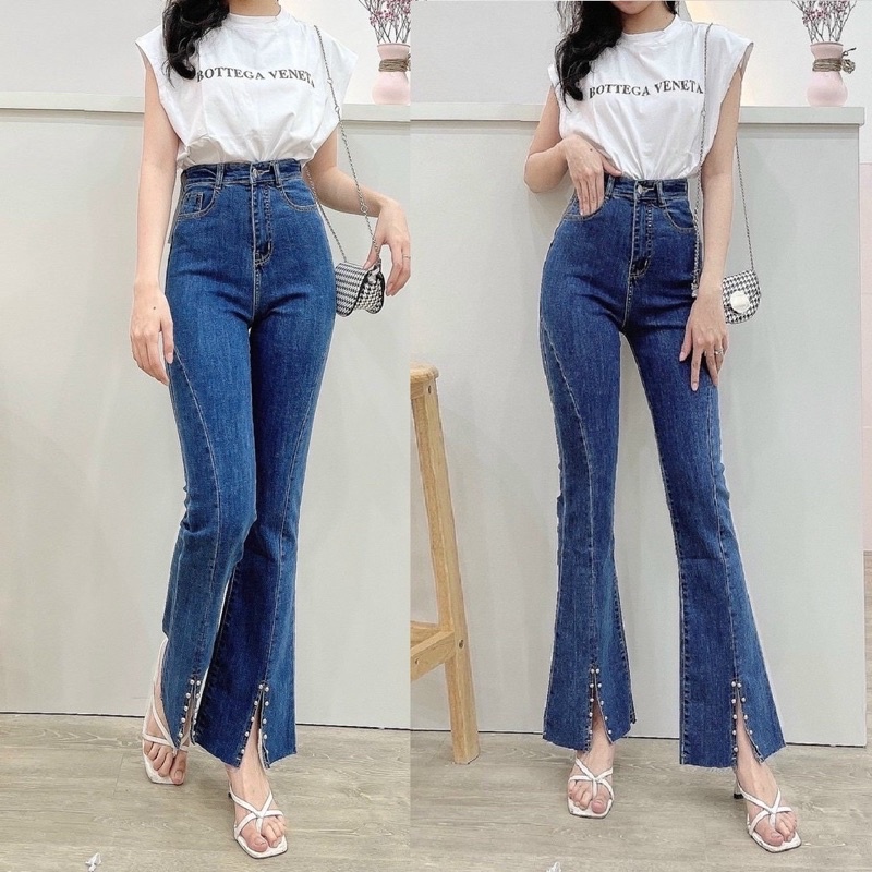 Quần jean ống loe xẻ gấu đính cườm_kèm video tự quay | BigBuy360 - bigbuy360.vn