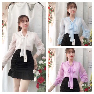 Áo Kiểu Nữ, Áo Sơ Mi Nữ Tay Phồng Cổ Nơ Chất VOAN có lót Cao Cấp Nhiều Màu Hàng Thiết Kế Siêu Xinh.