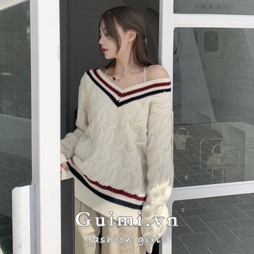 Áo Dệt Kim Cổ Chữ V Dáng Rộng Phong Cách Hàn Quốc Dành Cho Nữ