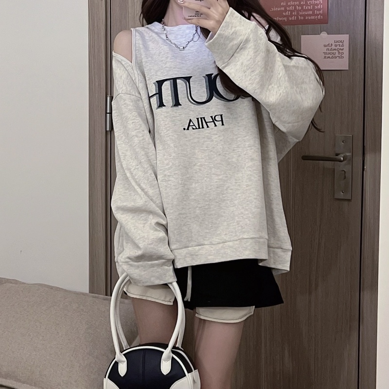 ZHELIHANGFEI Áo Thun Sweater Tay Dài Hở Vai In Họa Tiết Dễ Thương