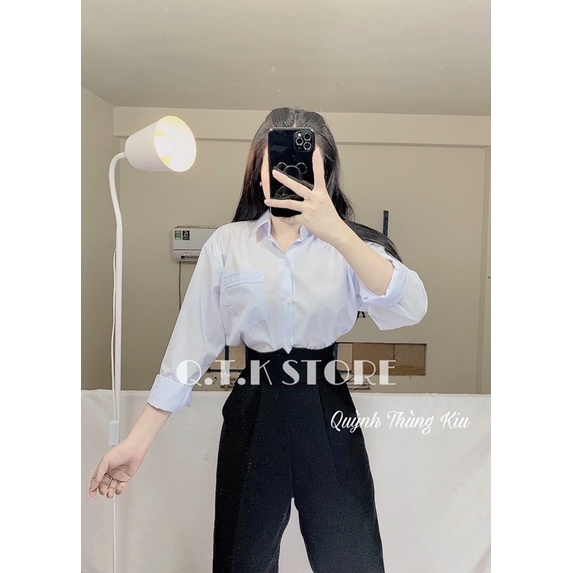 Sơ mi tay dài màu trắng xanh